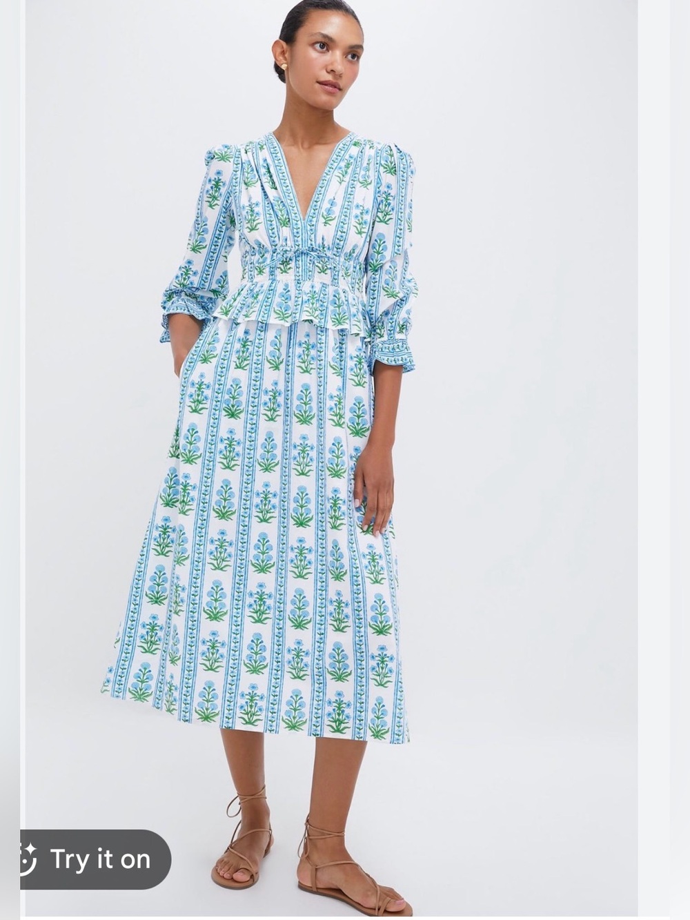 Pink City Prints Blue Floral Block Print Cotton Peplum Midi Dress Small Boho